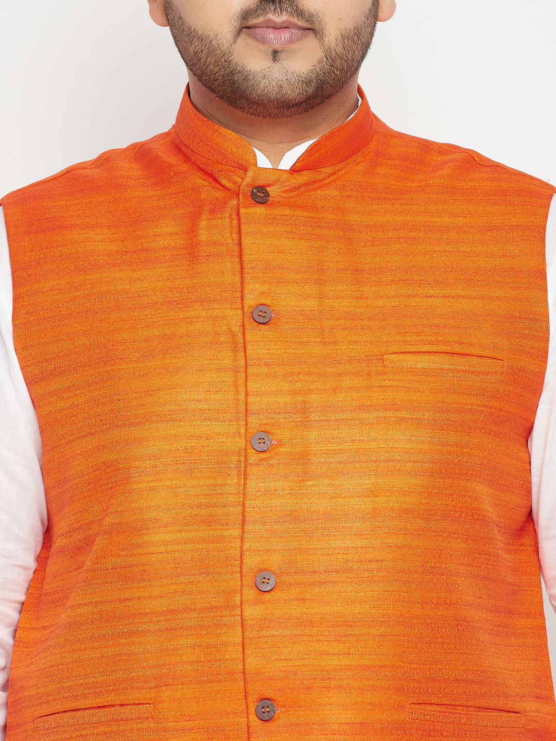 Men's Plus Size White And Orange Cotton Blend Jacket Kurta Pyjama Set