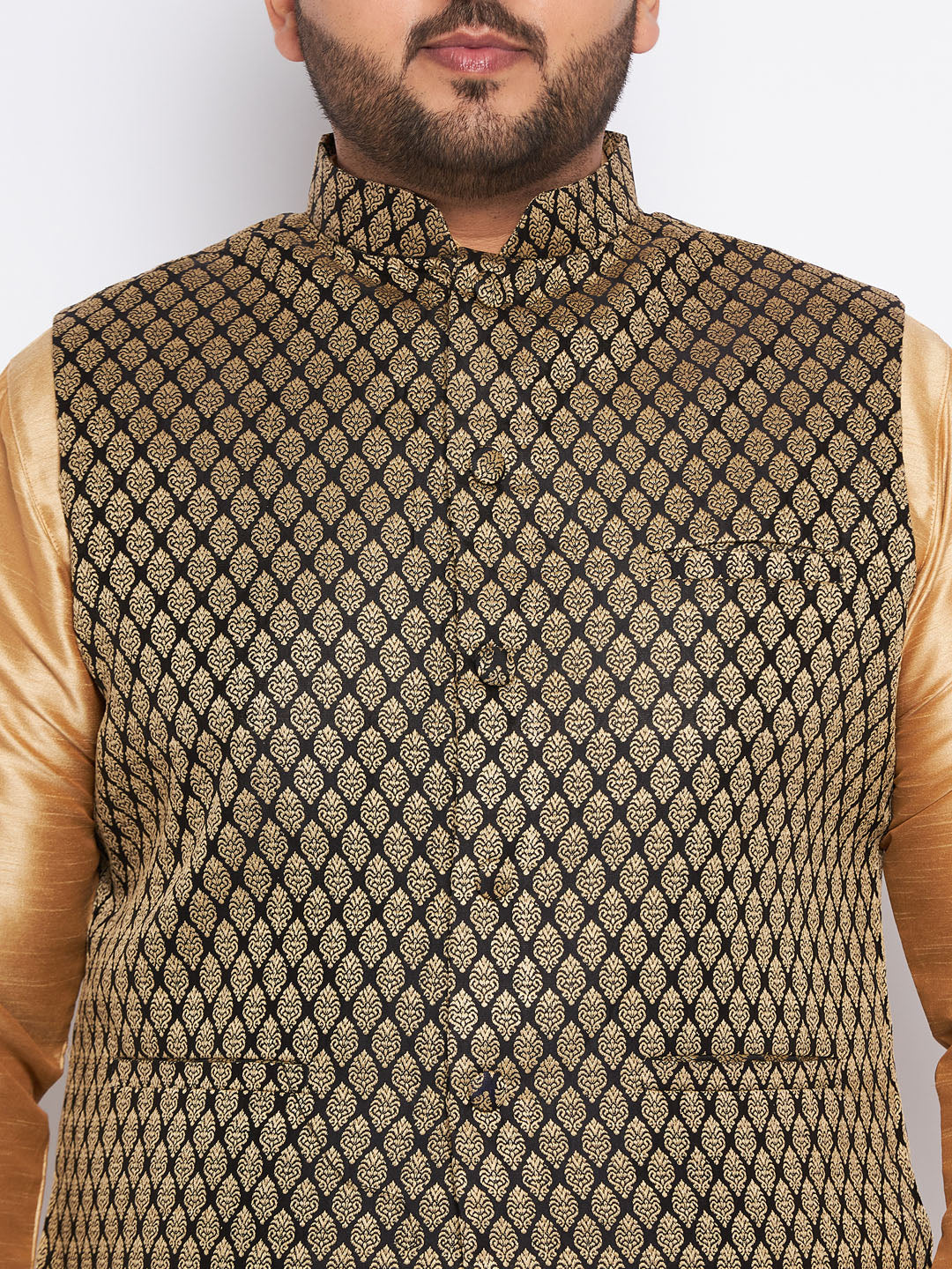 Men's Plus Size Black Ethnic Jacket With Rose Gold Silk Blend Kurta Pyjama Set