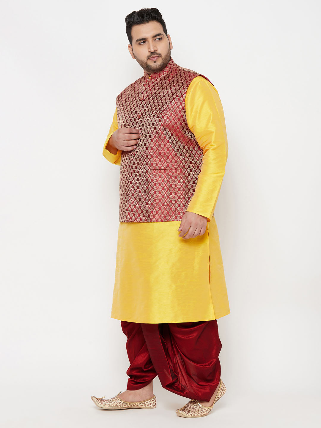 Plus Men's Maroon Nehru Jacket With Yellow Kurta And Maroon Dhoti Set