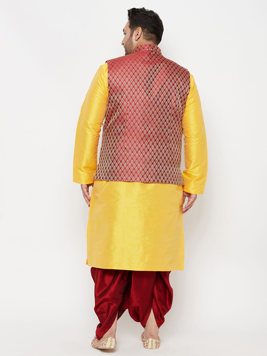 Plus Men's Maroon Nehru Jacket With Yellow Kurta And Maroon Dhoti Set