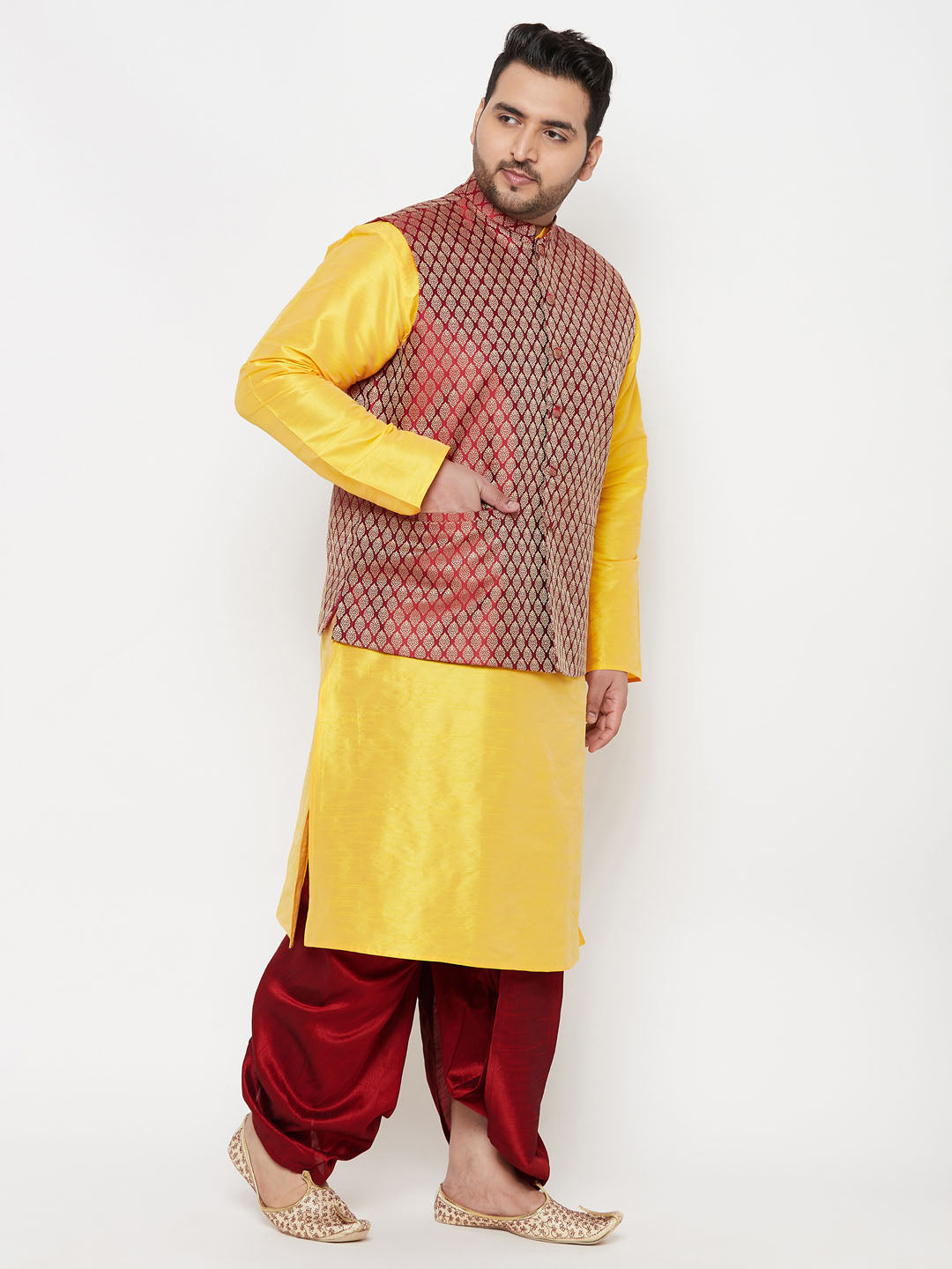 Plus Men's Maroon Nehru Jacket With Yellow Kurta And Maroon Dhoti Set