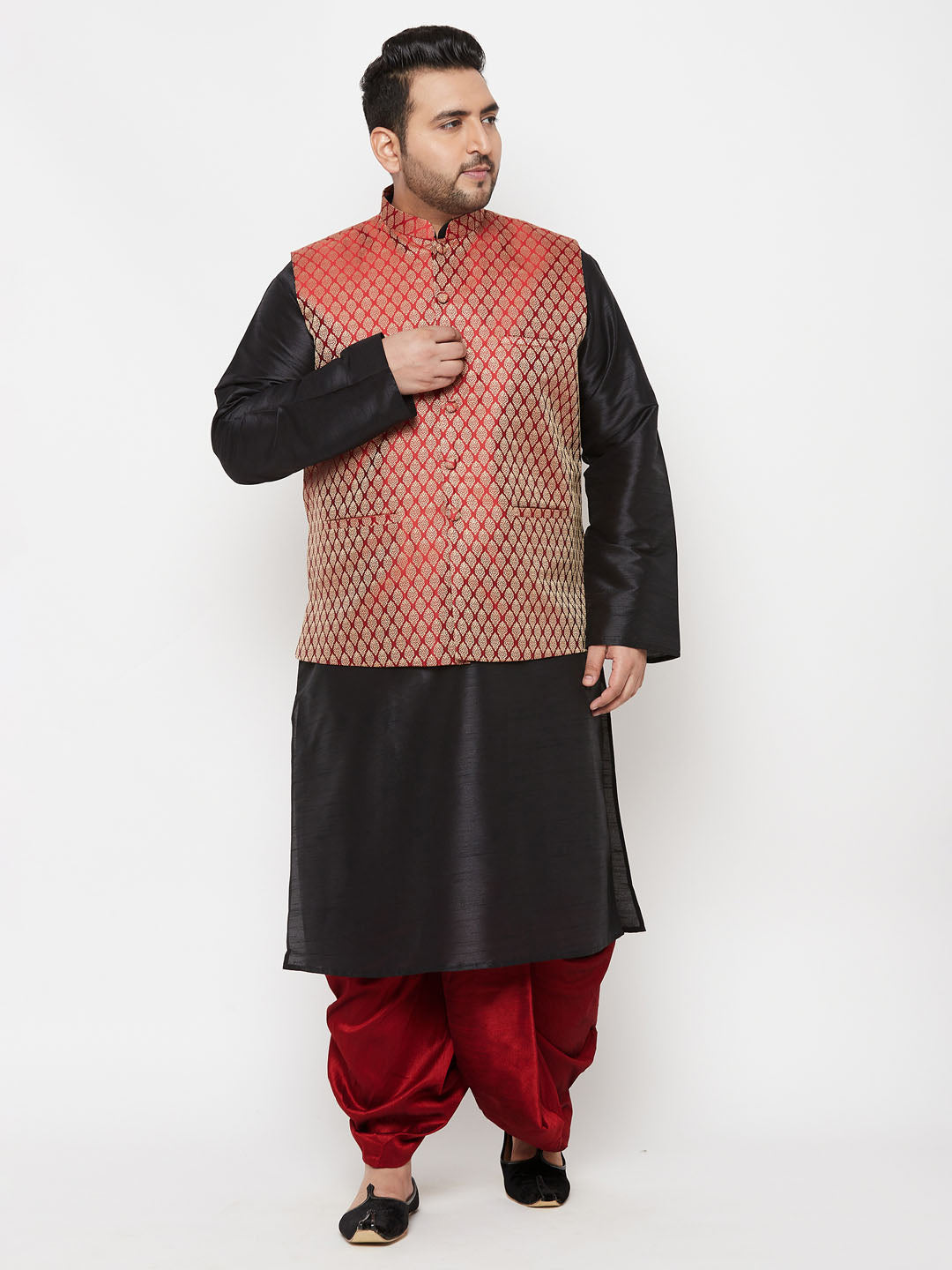 Plus Men's Maroon Nehru Jacket With Black Kurta And Maroon Dhoti Set