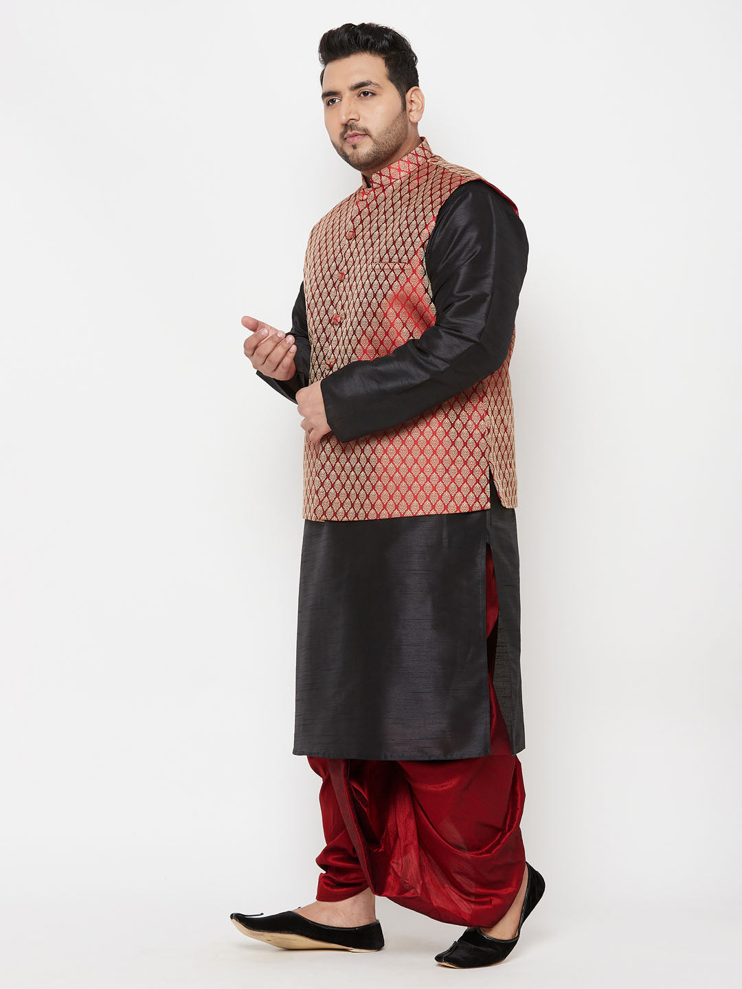 Plus Men's Maroon Nehru Jacket With Black Kurta And Maroon Dhoti Set