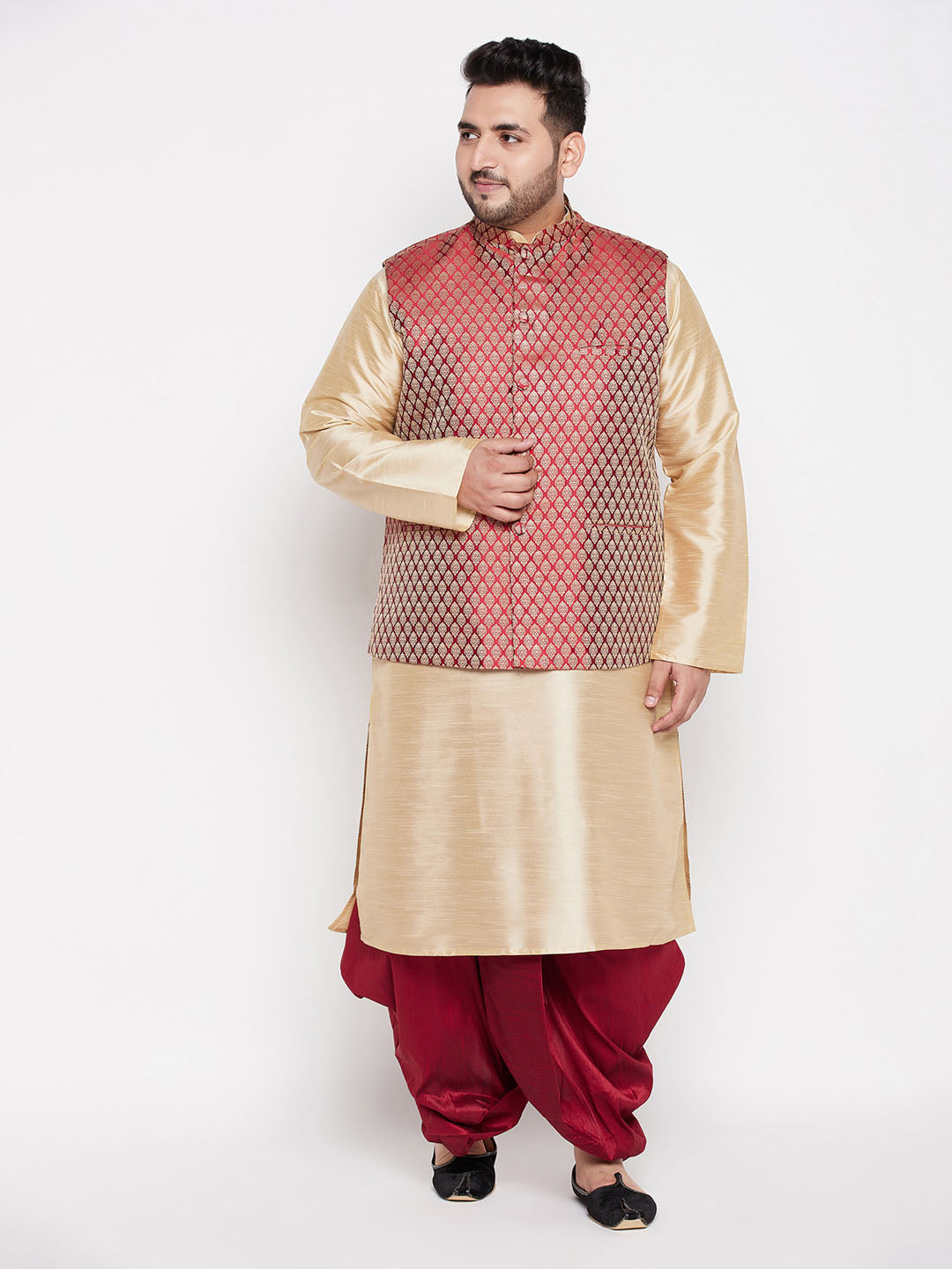 Plus Men's Maroon Nehru Jacket With Gold Kurta And Maroon Dhoti Set