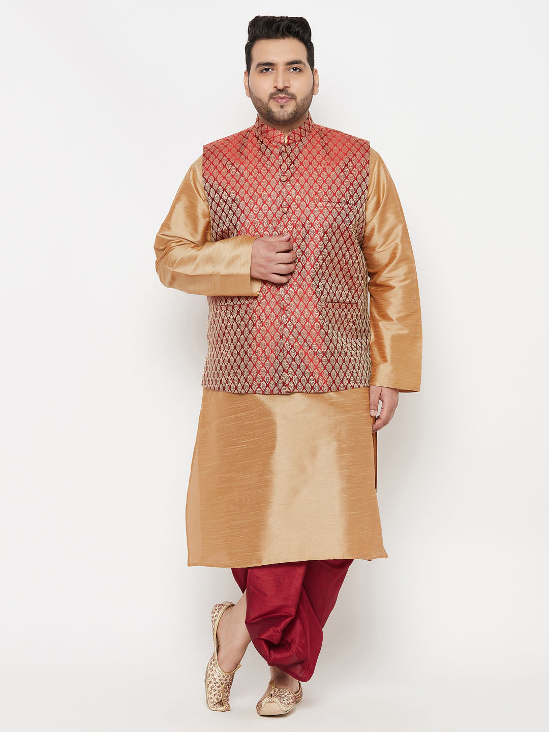 Plus Men's Maroon Nehru Jacket With Rose Gold Kurta And Maroon Dhoti Set