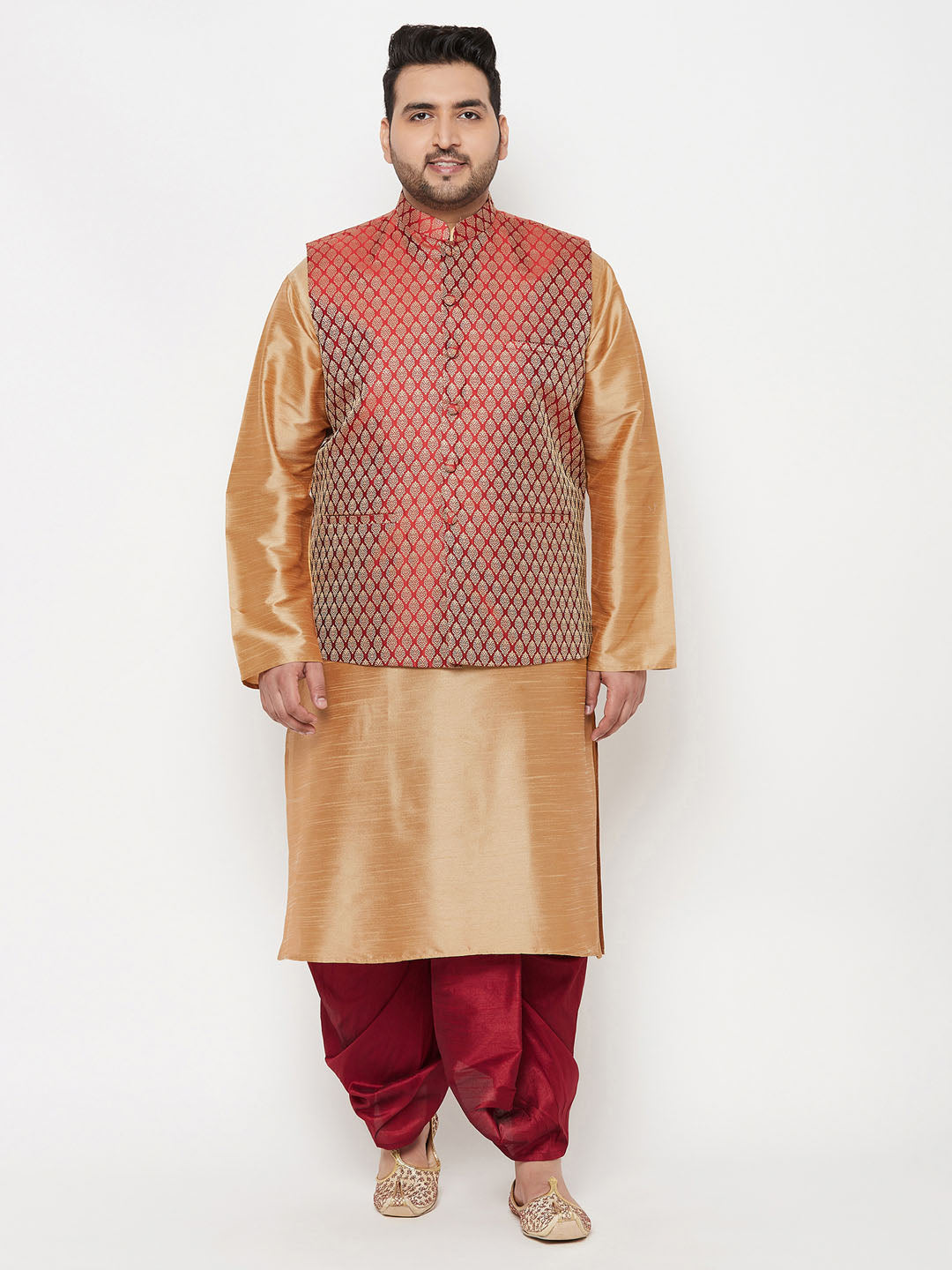 Plus Men's Maroon Nehru Jacket With Rose Gold Kurta And Maroon Dhoti Set