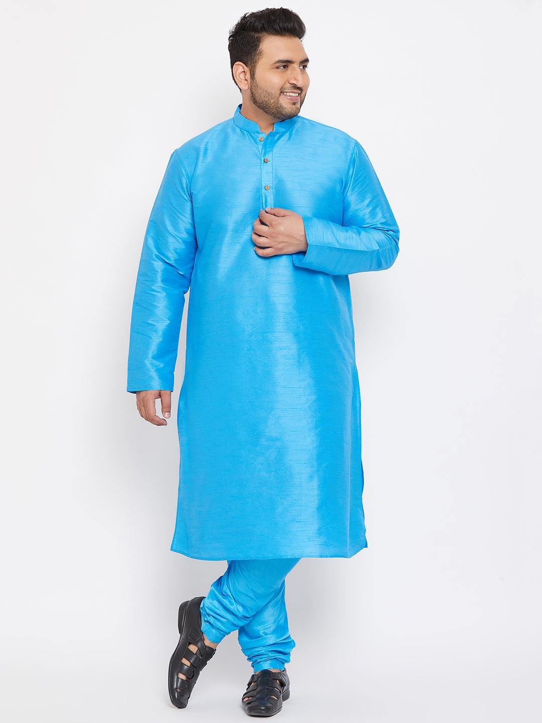 Men's Plus Size Aqua Blue Silk Blend Kurta