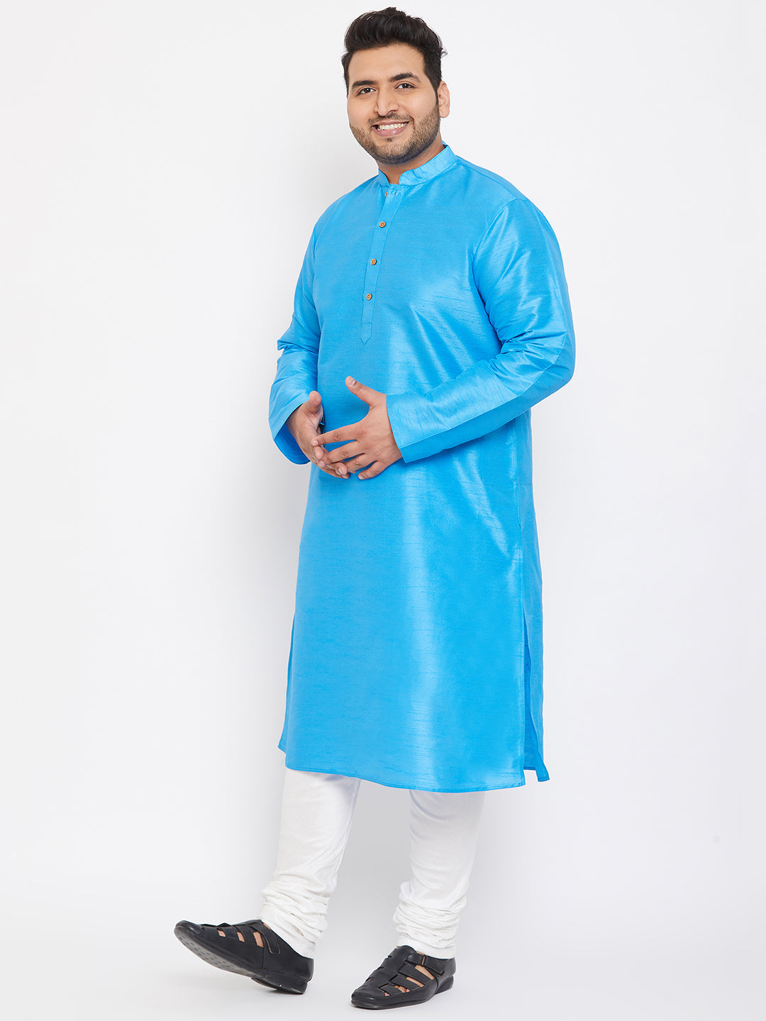 Men's Plus Size Aqua Blue Silk Blend Kurta Pyjama Set