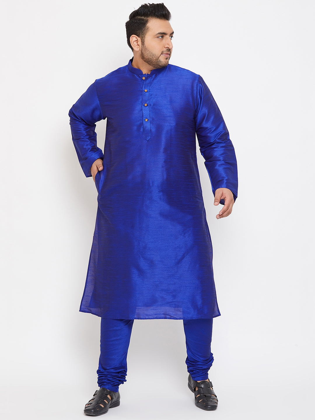 Men's Plus Size Blue Silk Blend Kurta Pyjama Set