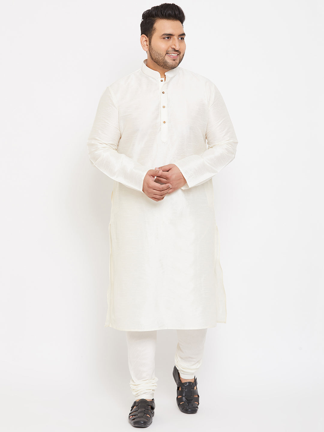 Men's Plus Size Cream Silk Blend Kurta Pyjama Set