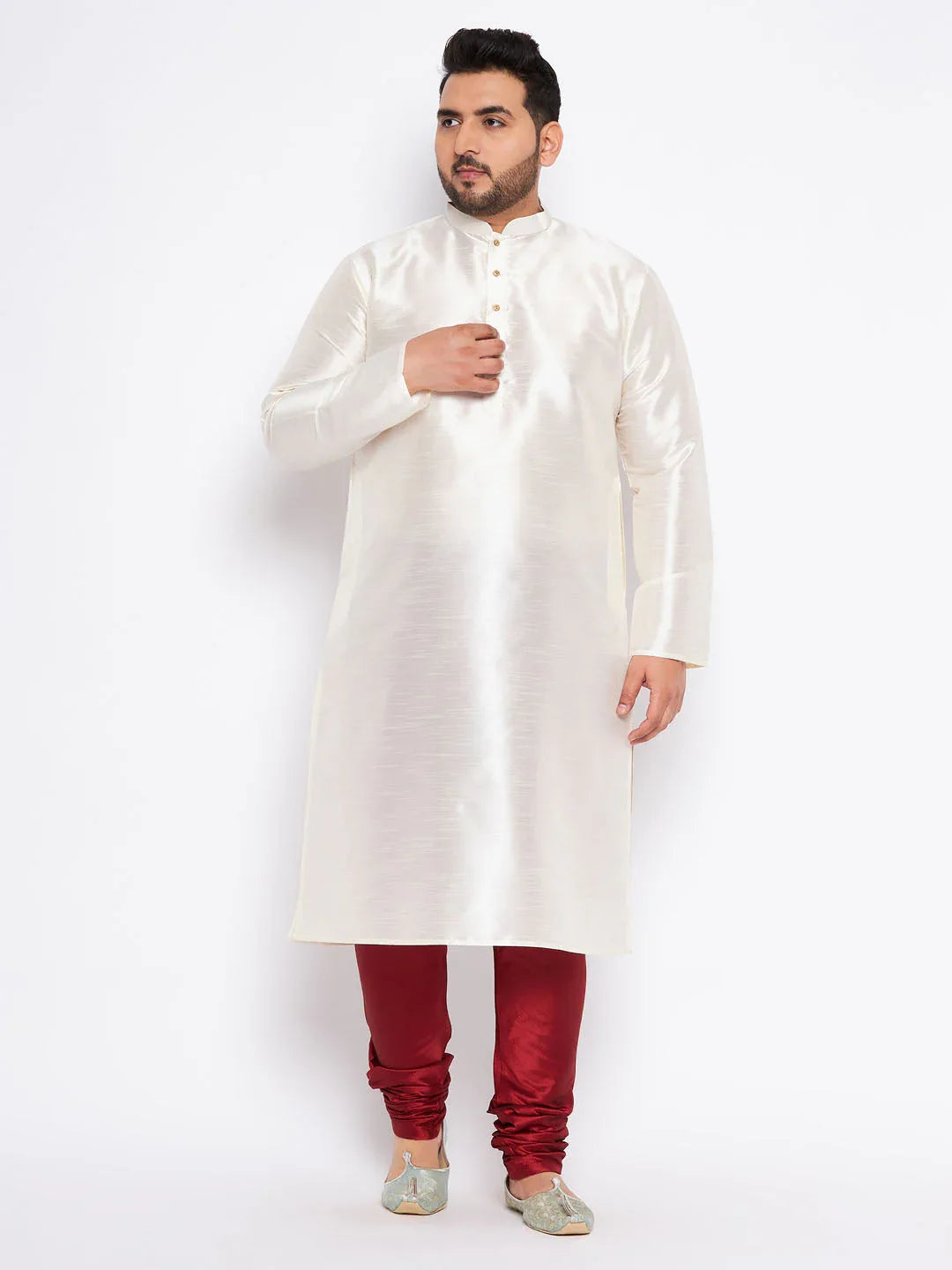 Men's Plus Size Cream Silk Blend Kurta Pyjama Set
