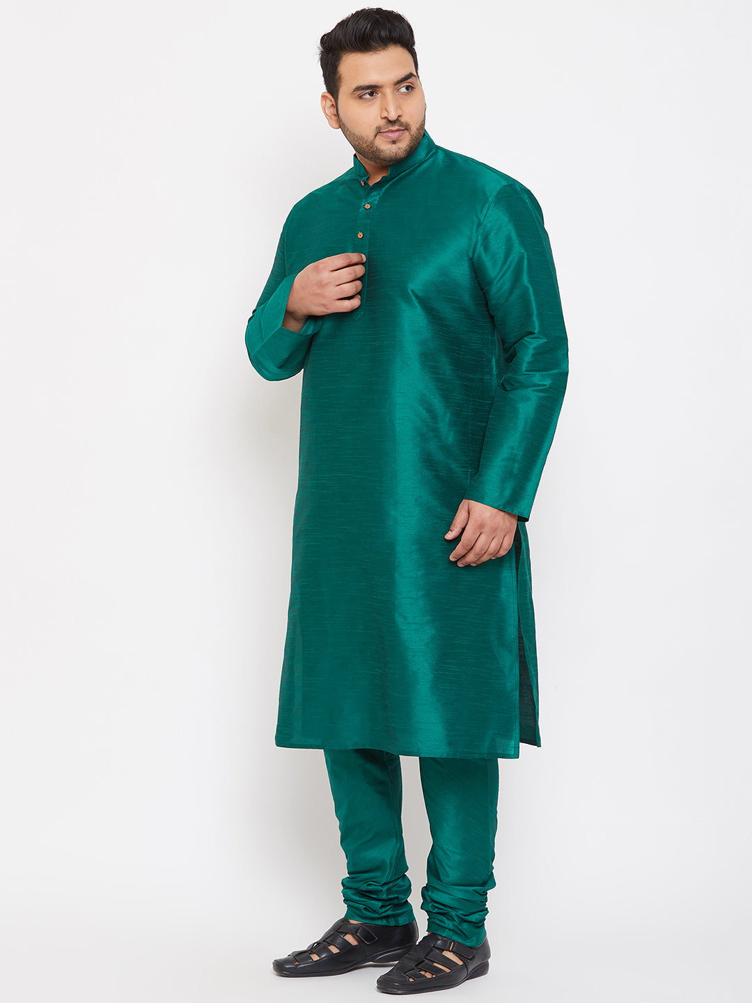 Men's Plus Size Green Silk Blend Kurta Pyjama Set