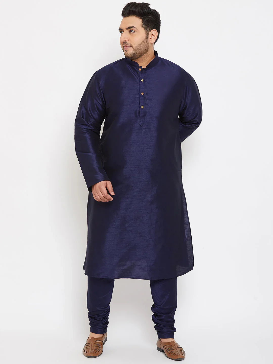 Men's Plus Size Navy Blue Silk Blend Kurta Pyjama Set