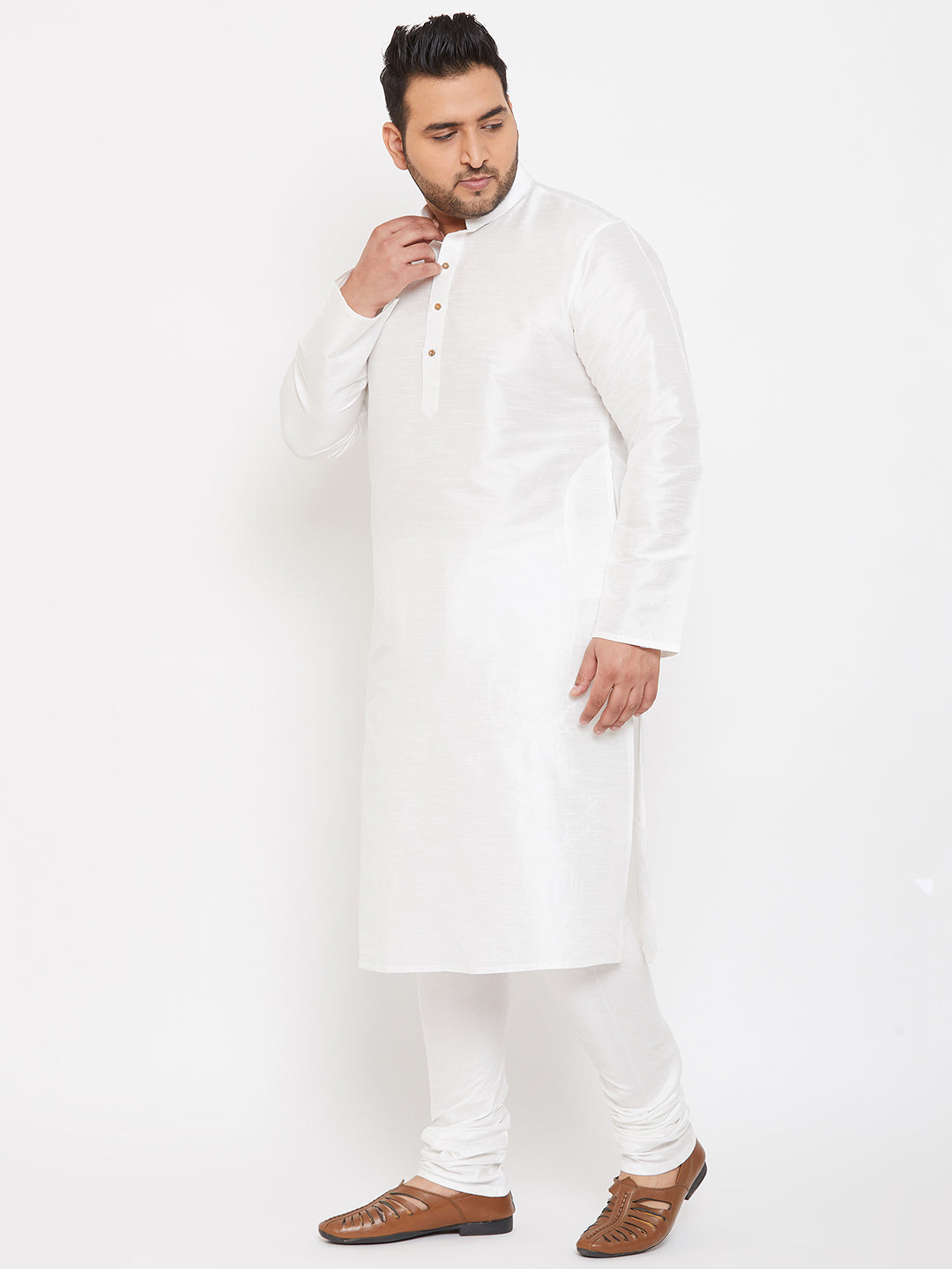Men's Plus Size White Silk Blend Kurta Pyjama Set
