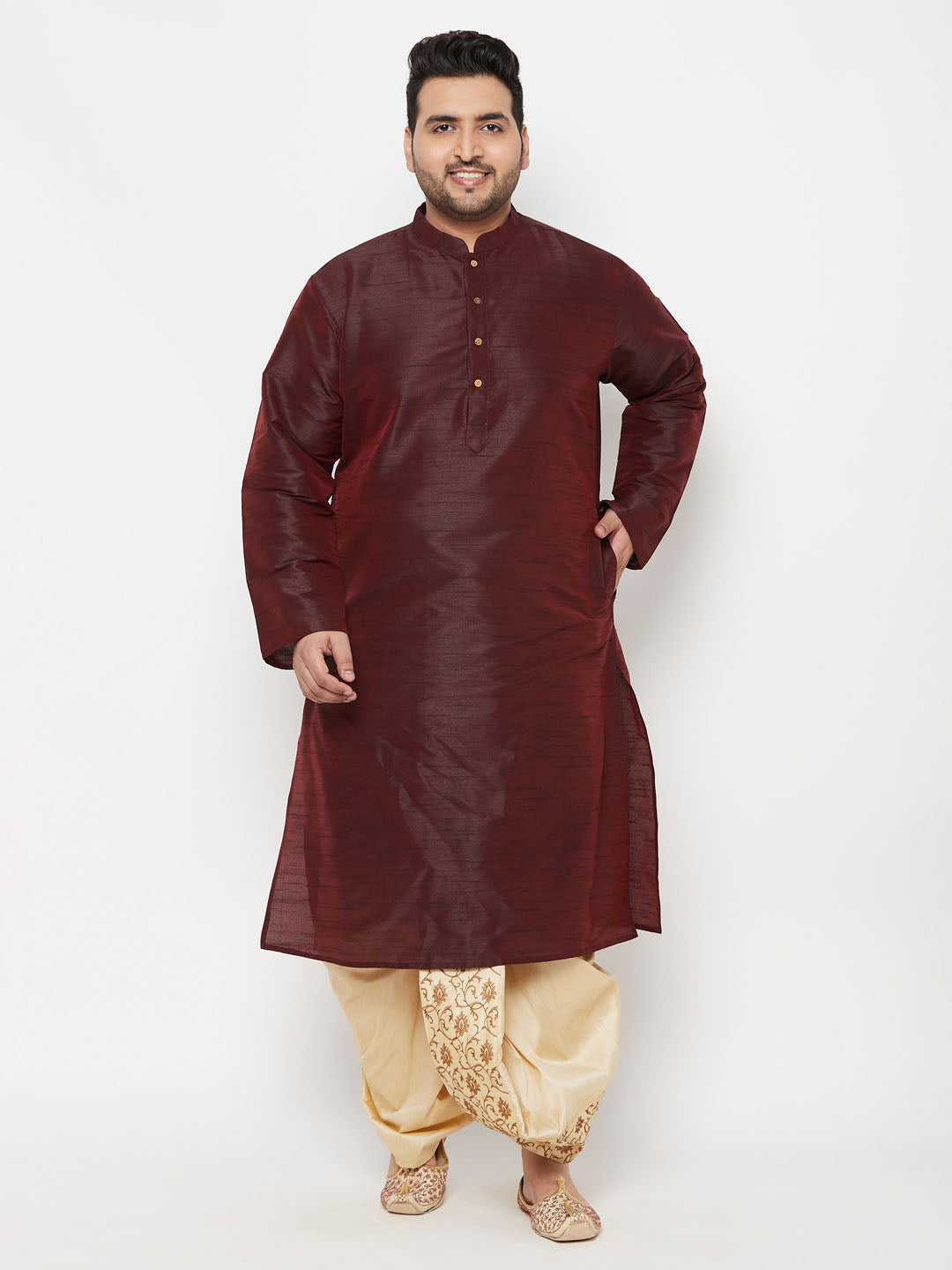 Men's Plus Size Wine Silk Blend Kurta Dhoti Set