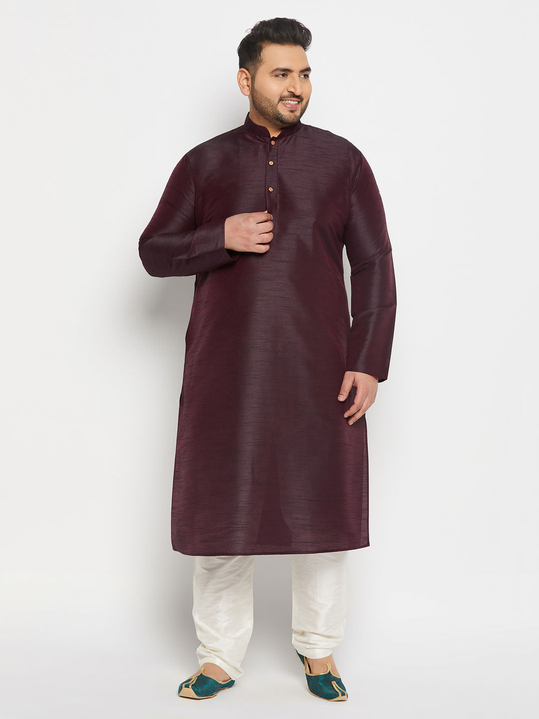 Men's Plus Size Burgundy Silk Blend Kurta Pant Set