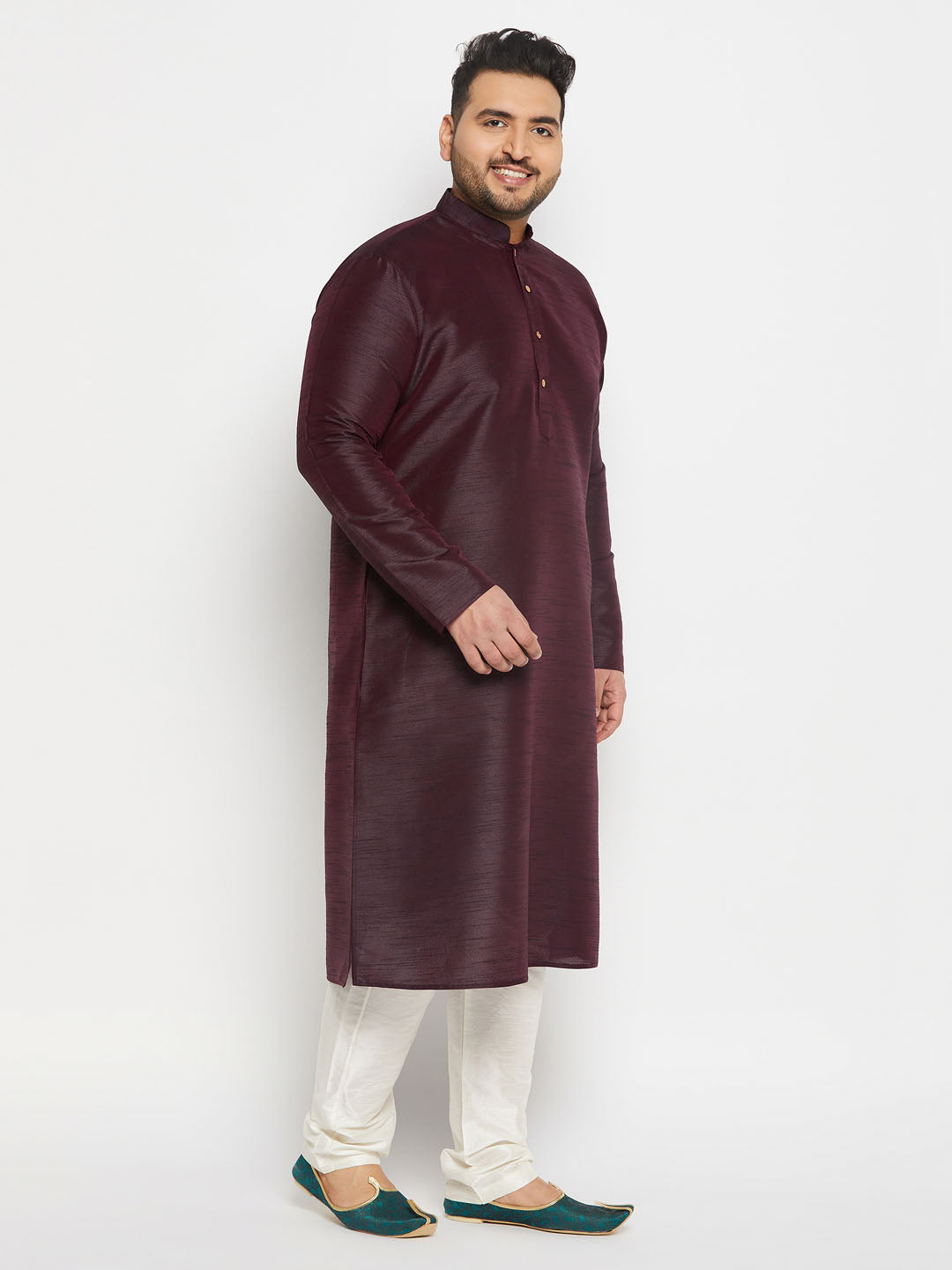 Men's Plus Size Burgundy Silk Blend Kurta Pant Set