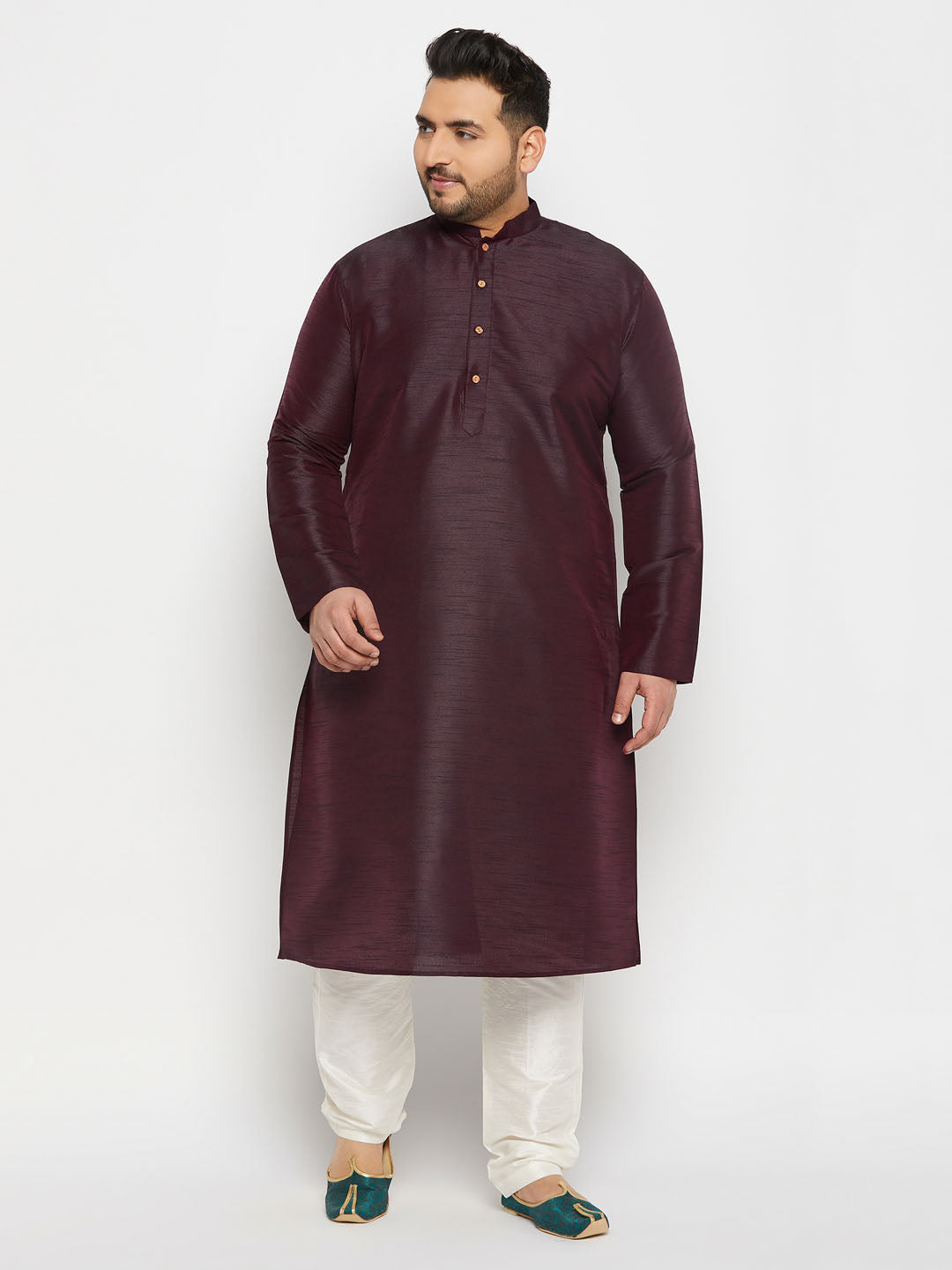 Men's Plus Size Burgundy Silk Blend Kurta Pant Set
