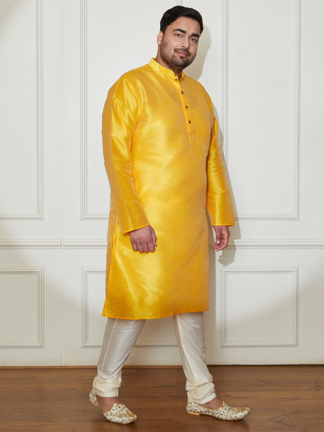 Plus Men's Yellow Silk Blend Kurta Pyjama Set