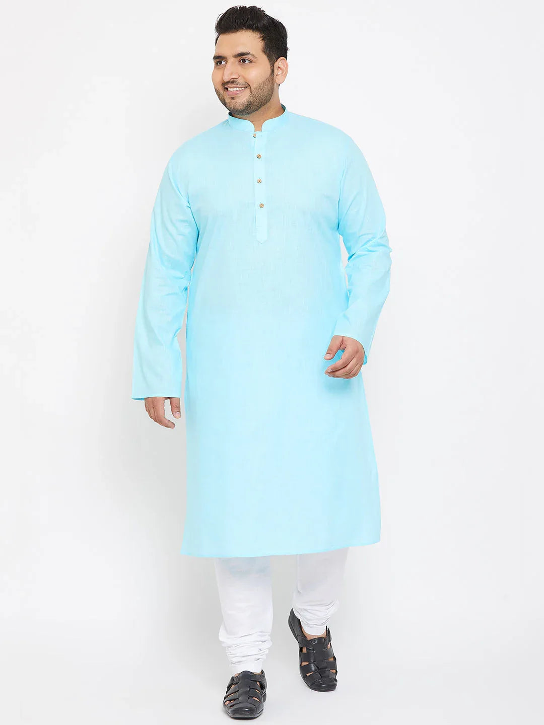 Men's Plus Size Aqua Blue Cotton Kurta And Pyjama Set