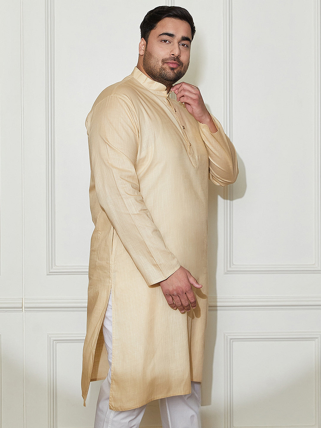 Plus Men's Beige Cotton Linen Kurta
