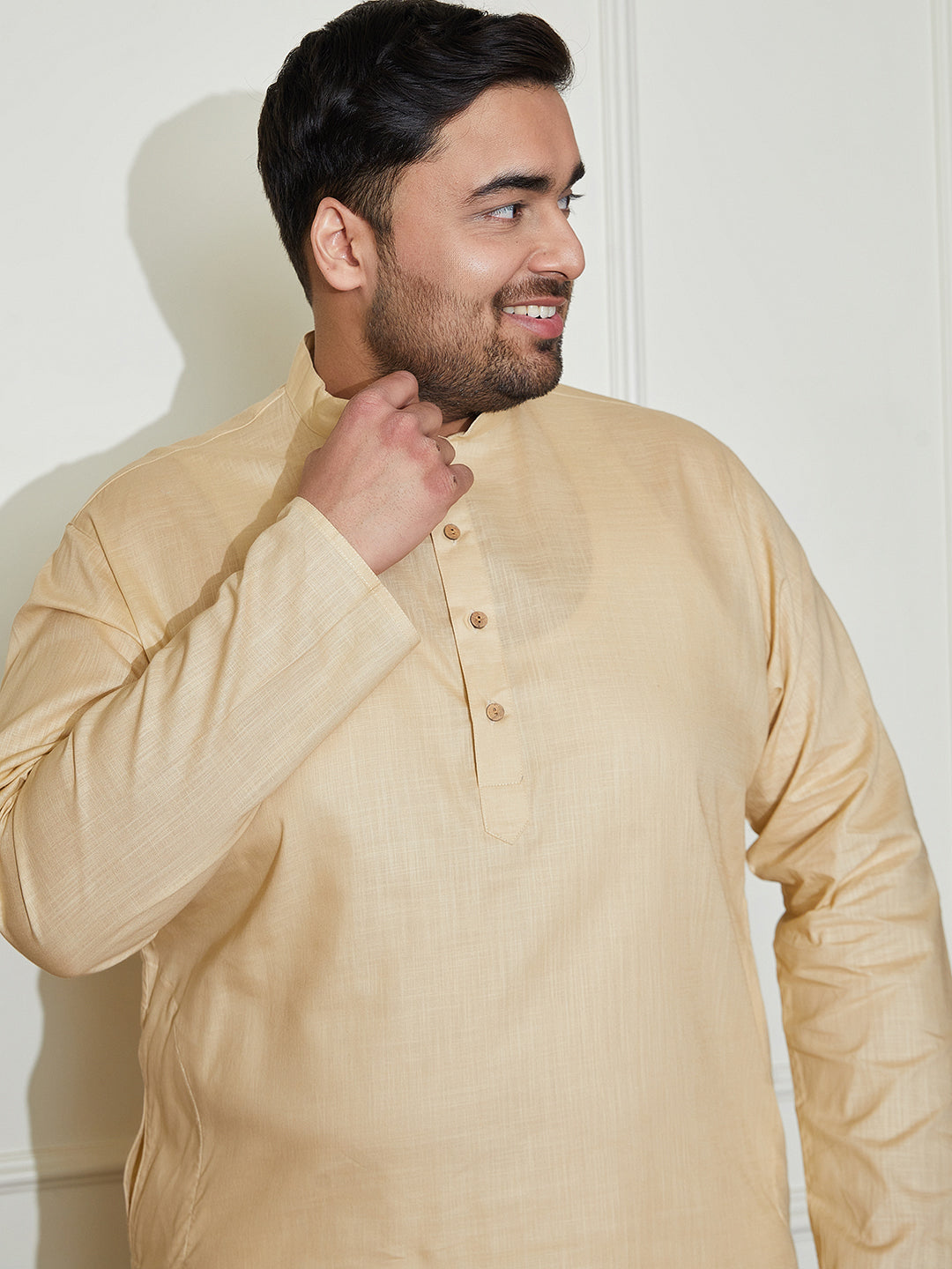 Plus Men's Beige And White Cotton Linen Kurta Pyjama Set