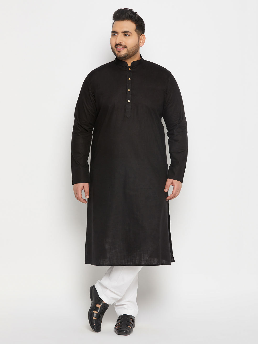 Men's Plus Size Black Cotton Kurta And Cotton Pant Style Pyjama Set