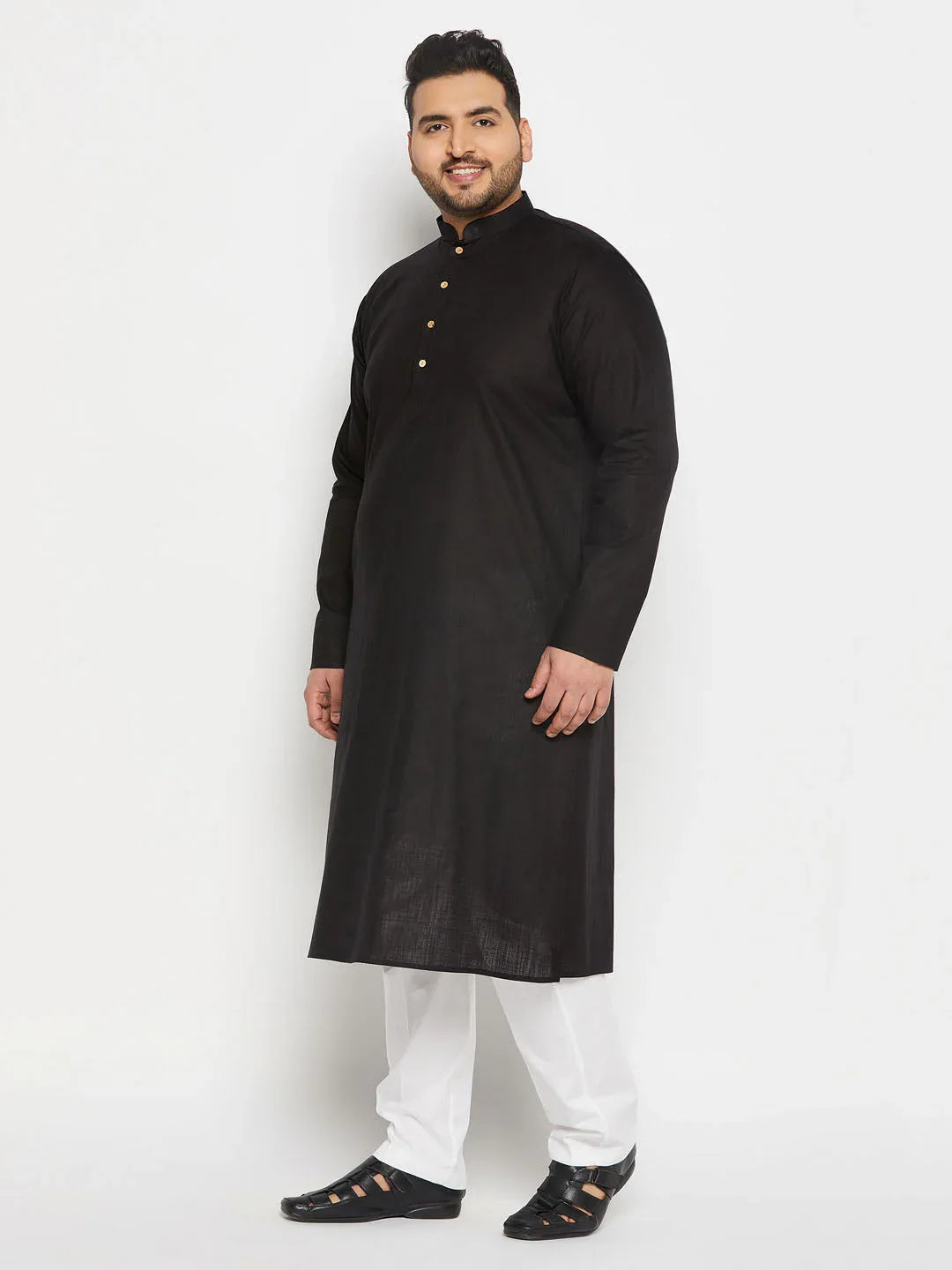 Men's Plus Size Black Cotton Kurta And Cotton Pant Style Pyjama Set