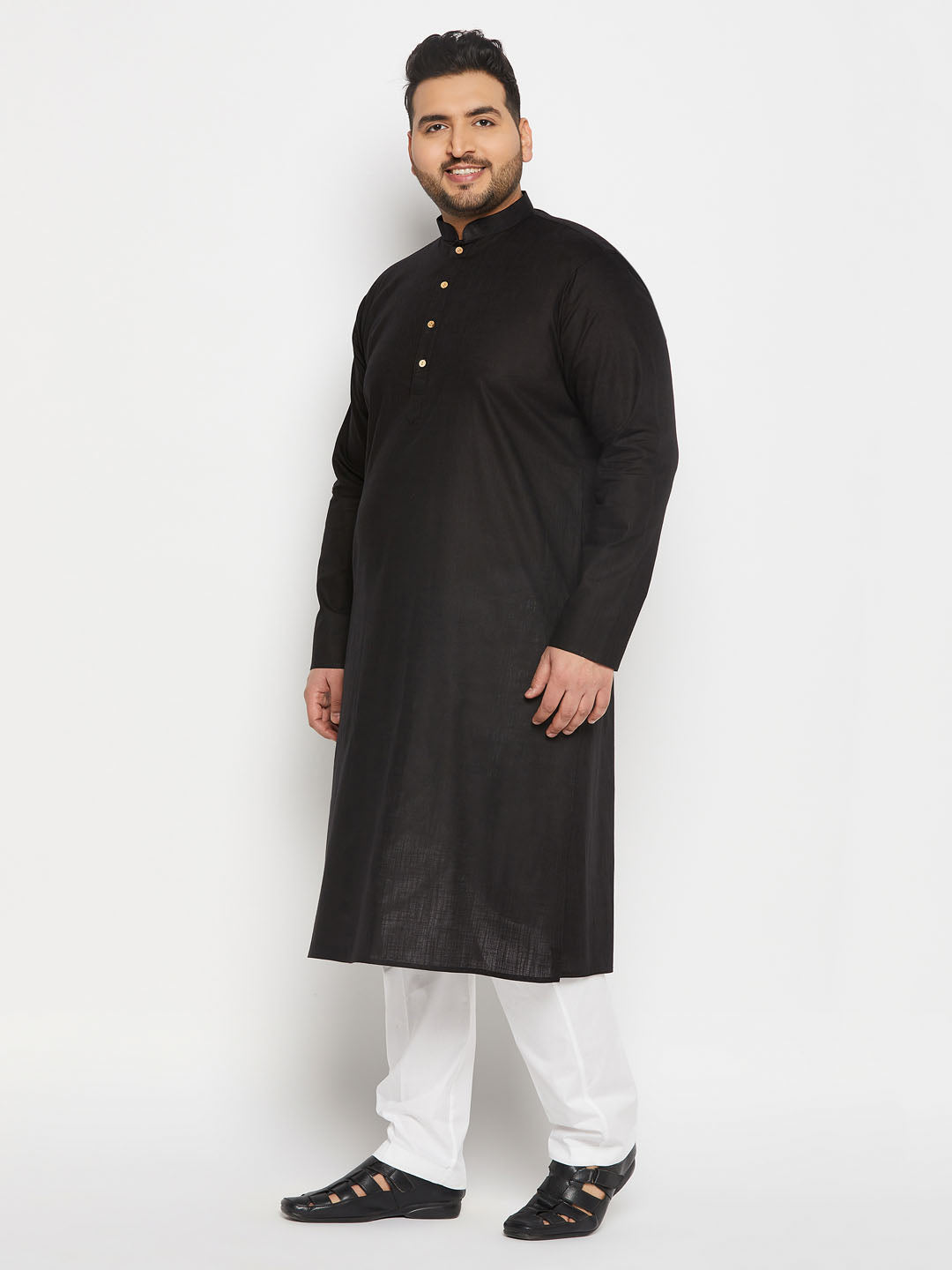 Men's Plus Size Black Cotton Kurta And Cotton Pant Style Pyjama Set
