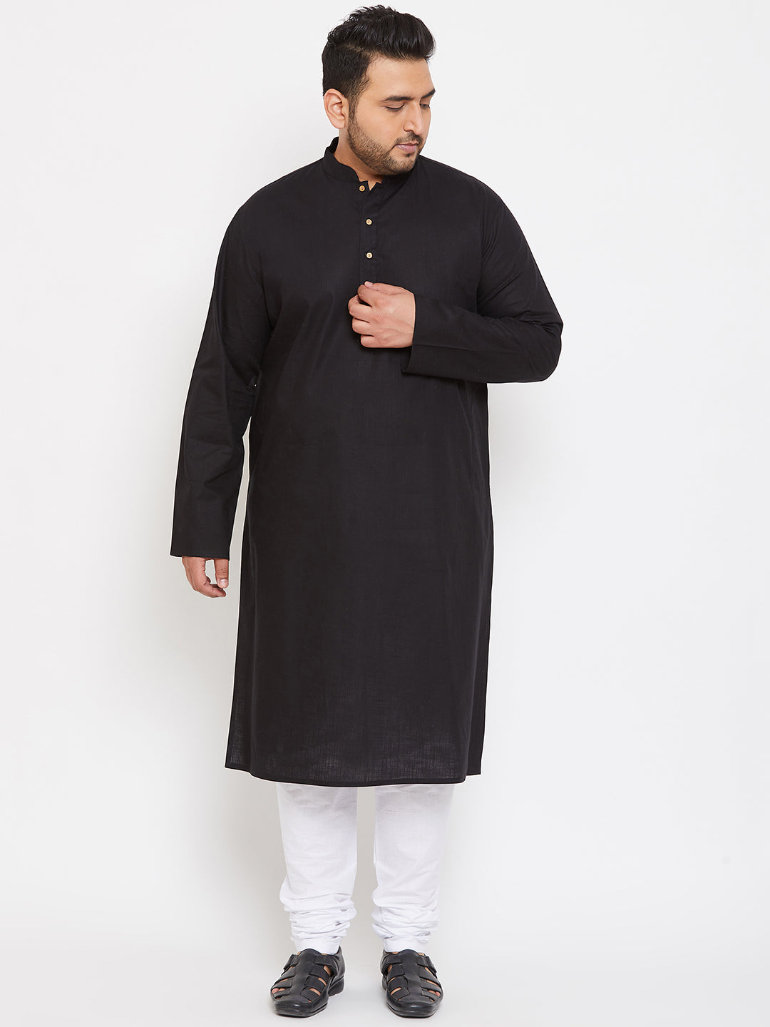 Men's Plus Size Black Cotton Kurta And Pyjama Set