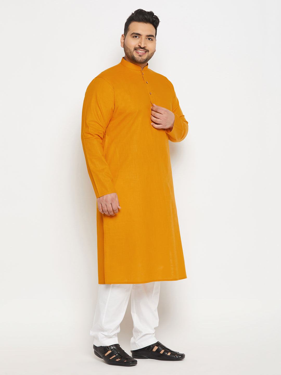 Men's Plus Size Mustard Cotton Kurta And Cotton Pant Style Pyjama Set