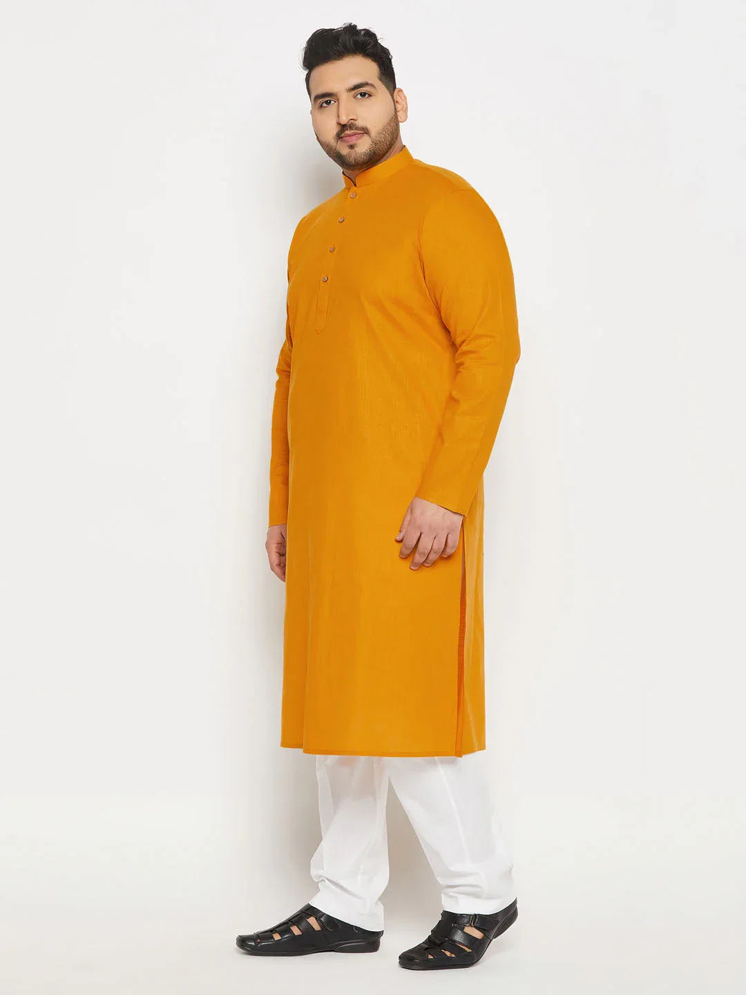 Men's Plus Size Mustard Cotton Kurta And Cotton Pant Style Pyjama Set