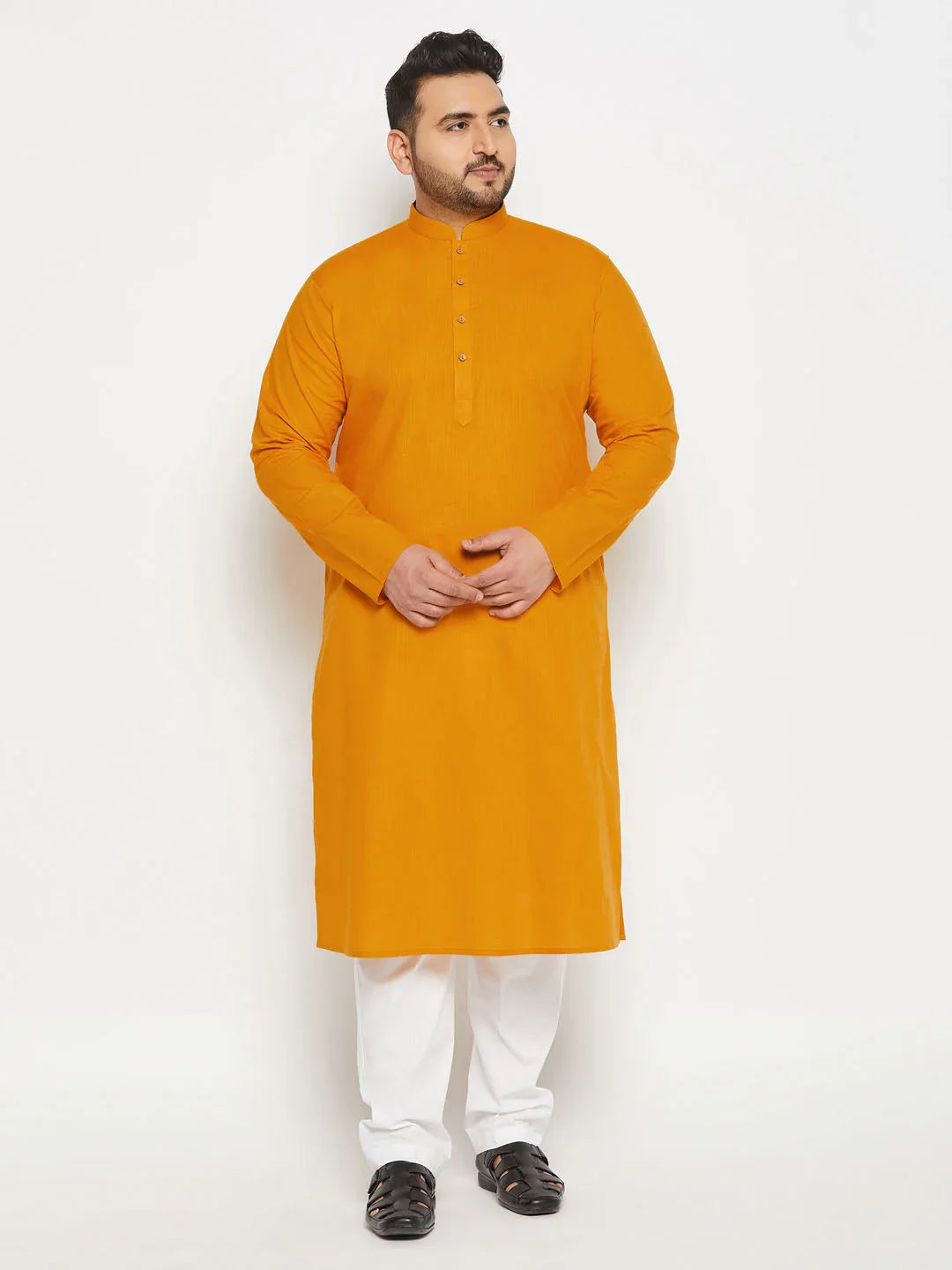 Men's Plus Size Mustard Cotton Kurta And Cotton Pant Style Pyjama Set