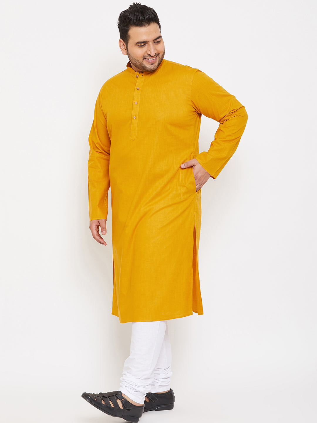 Men's Plus Size Mustard Cotton Kurta And Pyjama Set