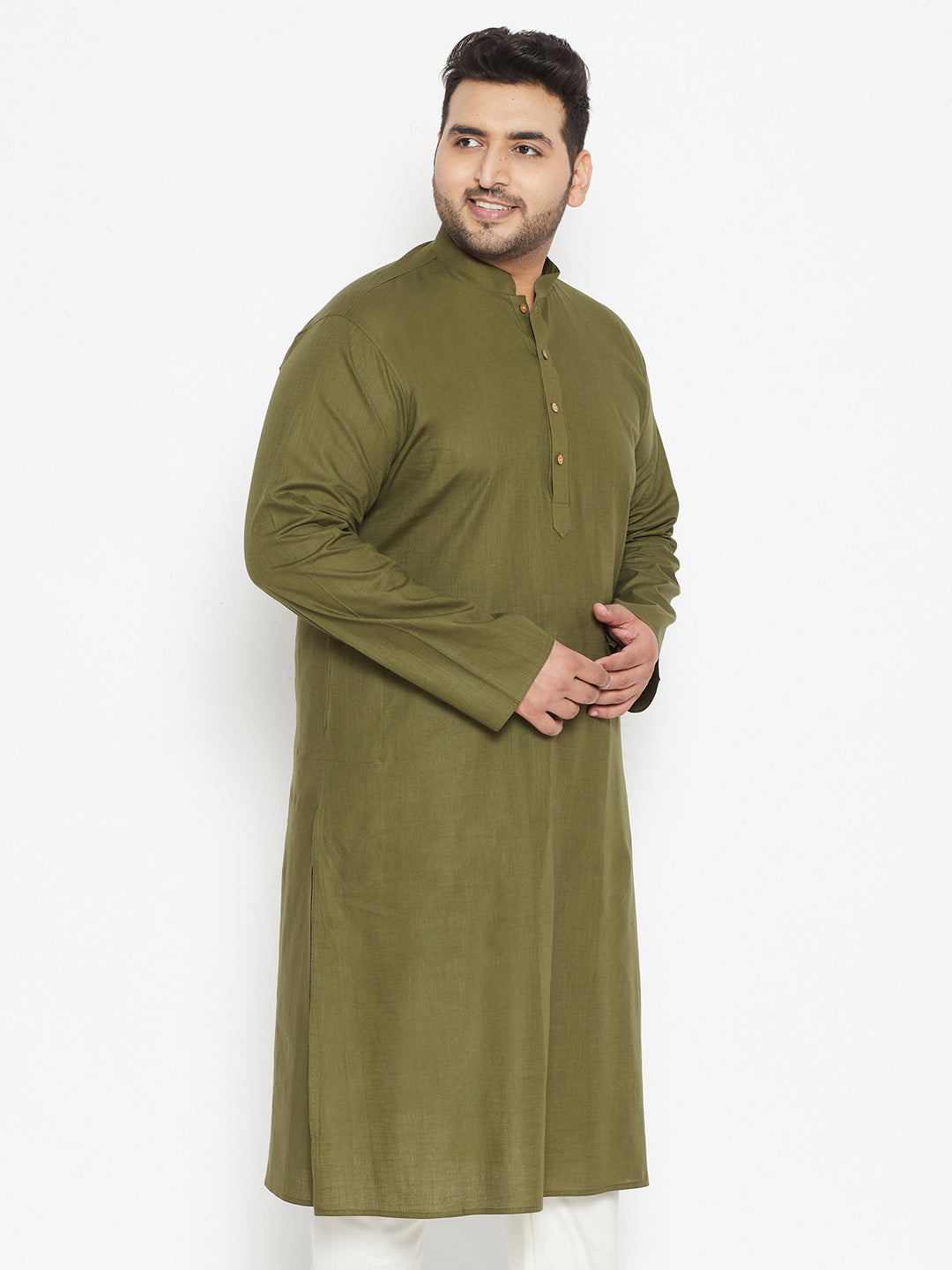 Men's Plus Size Mahendi Green Cotton Blend Kurta