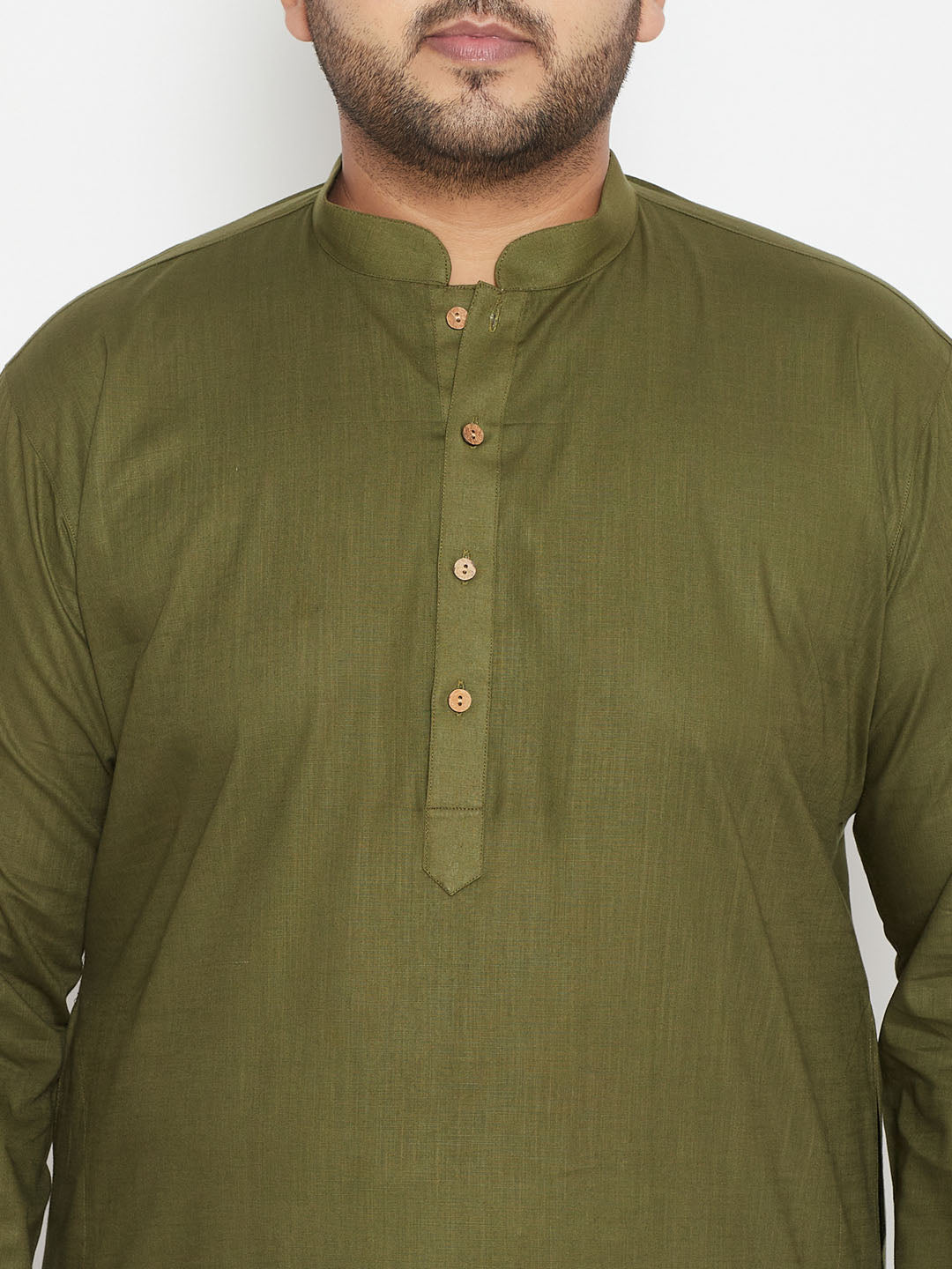 Men's Plus Size Mehendi Green And Cream Cotton Blend Kurta Pyjama Set