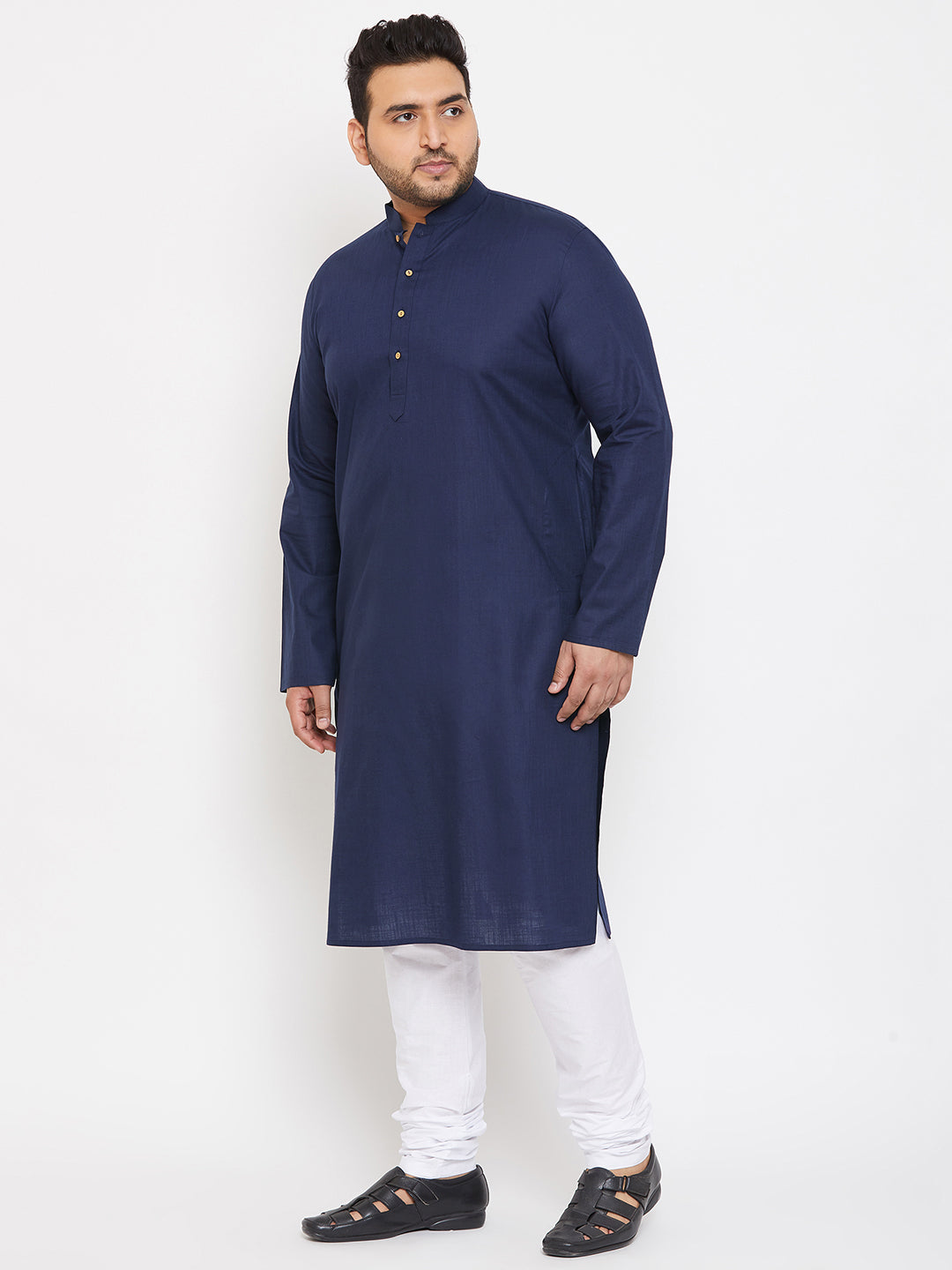 Men's Plus Size Navy Blue Cotton Kurta And Pyjama Set