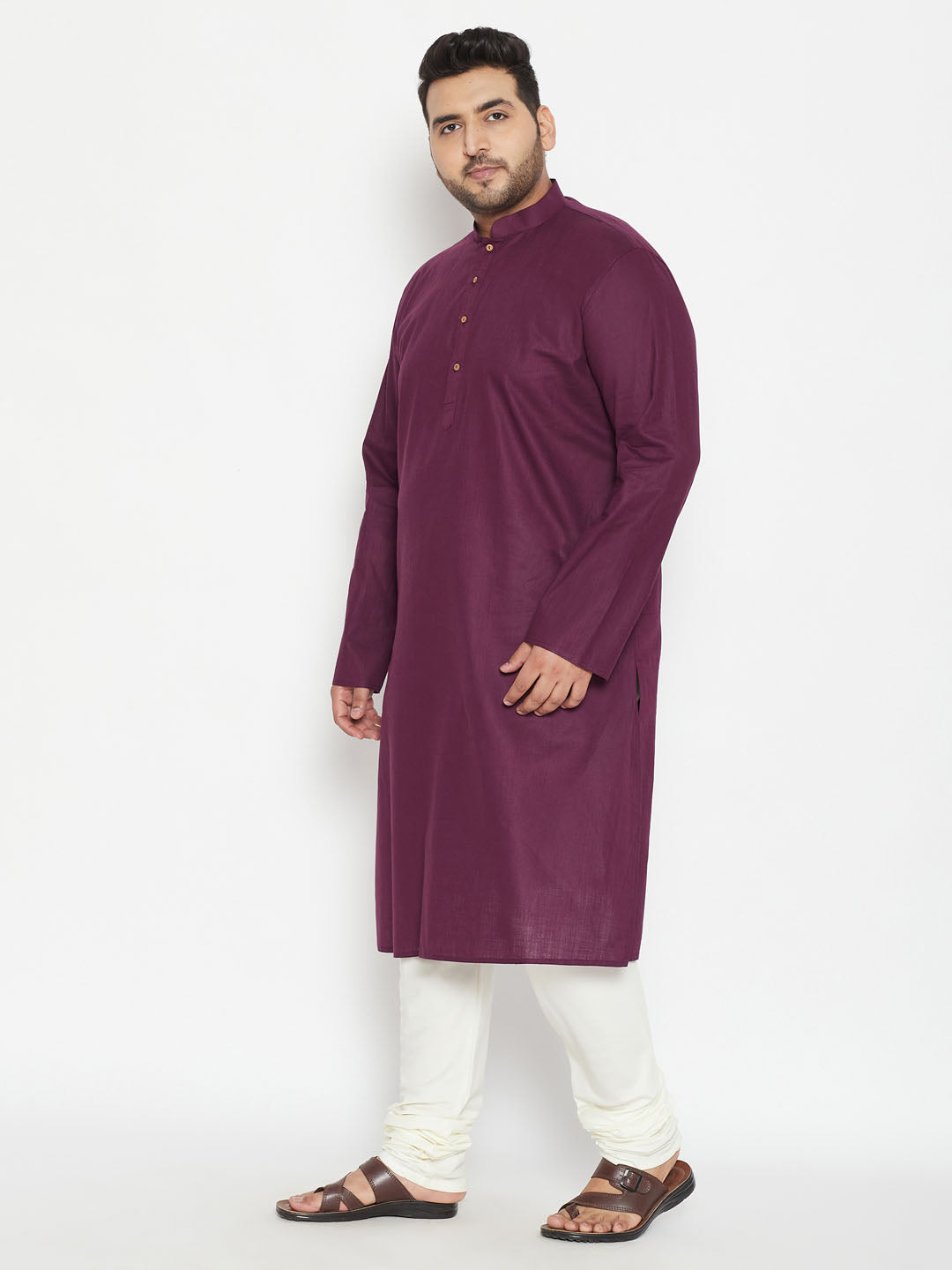 Men's Plus Size Purple And Cream Cotton Blend Kurta Pyjama Set