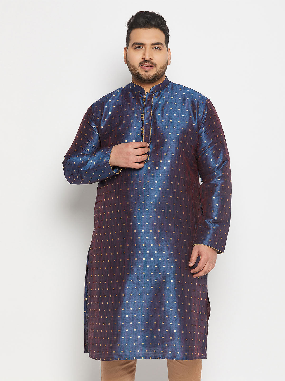 Men's Plus Size Navy Blue Zari Weaved Kurta