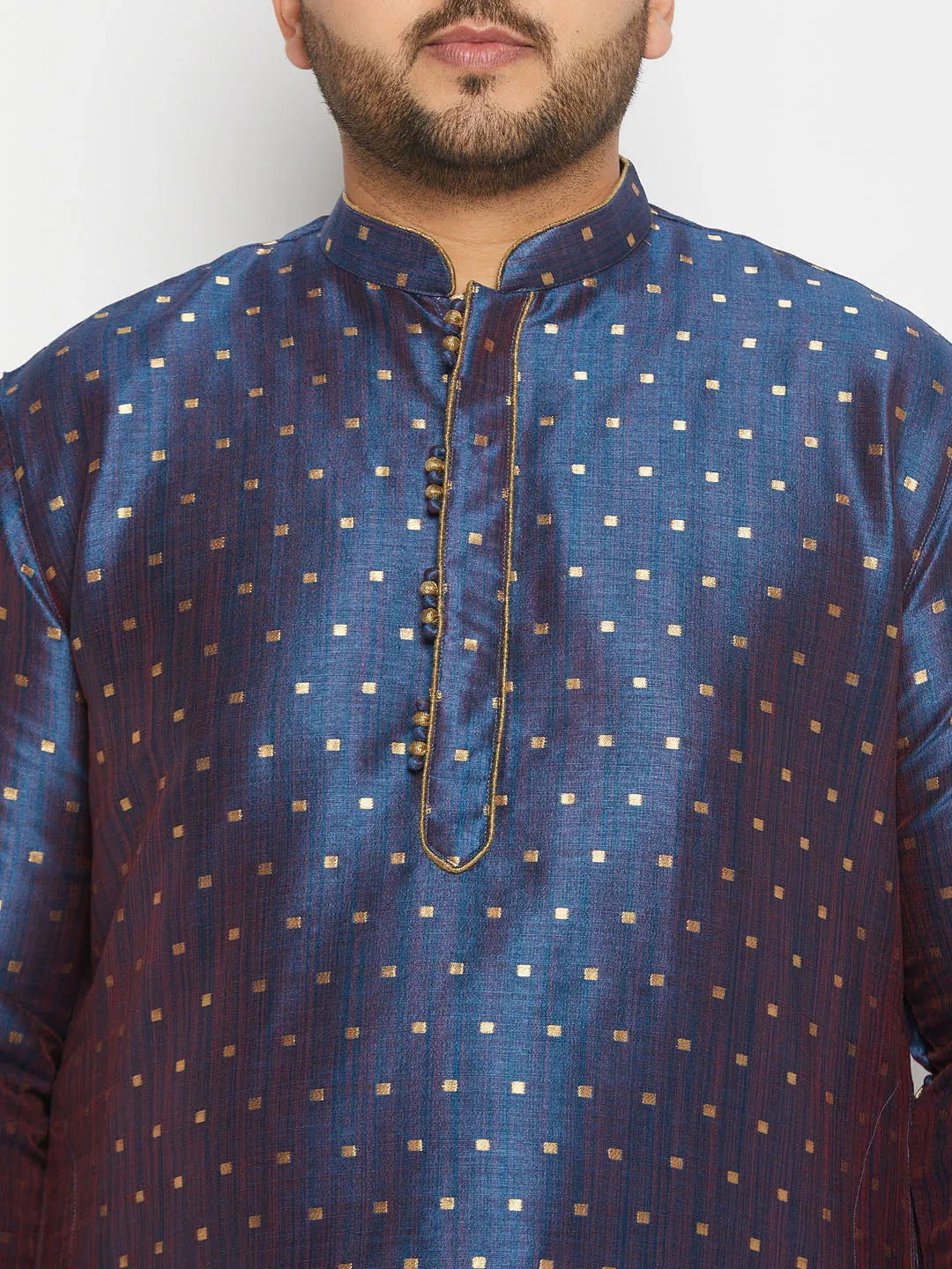 Men's Plus Size Navy Blue Zari Weaved Kurta