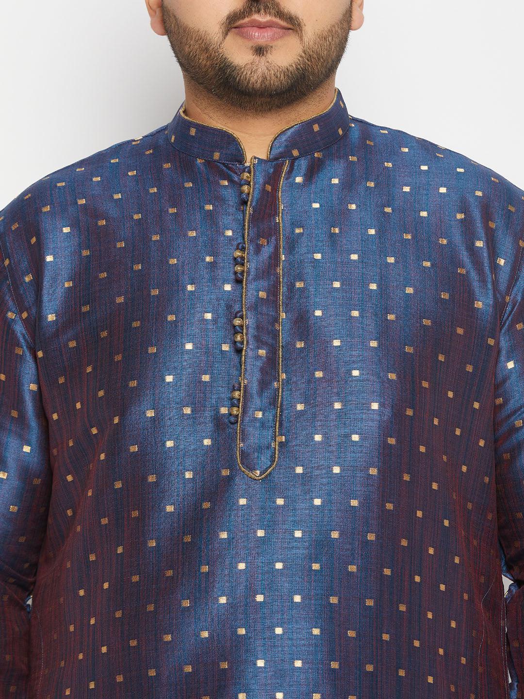 Men's Plus Size Navy Blue Zari Weaved Kurta Dhoti Set