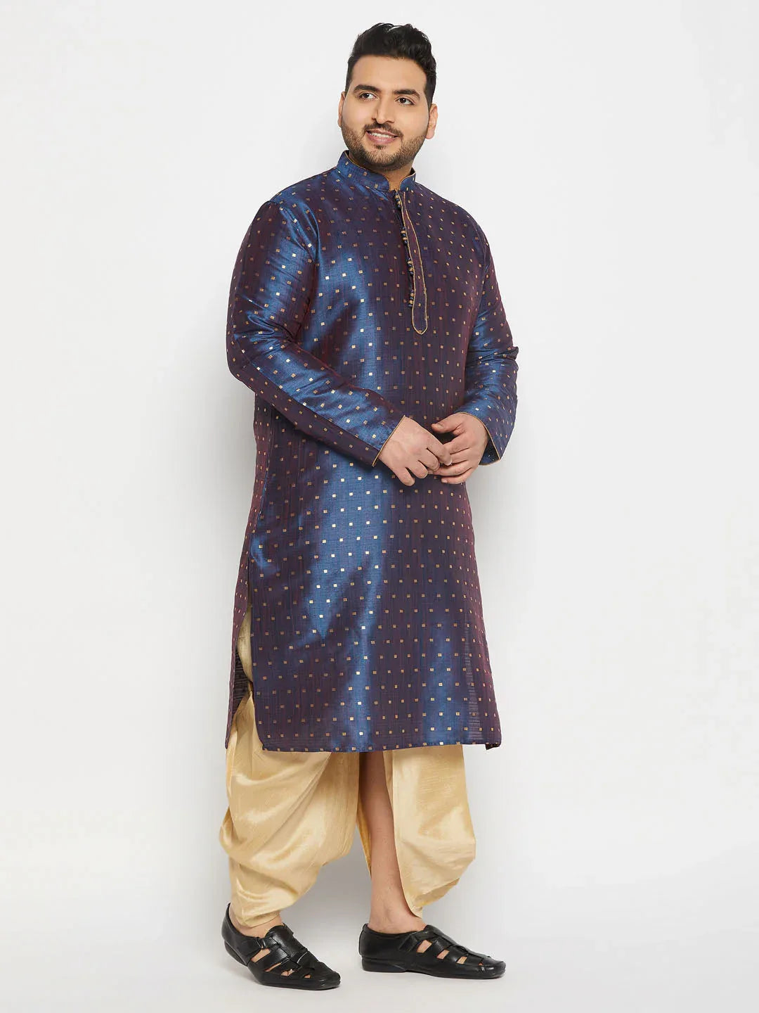 Men's Plus Size Navy Blue Zari Weaved Kurta Dhoti Set