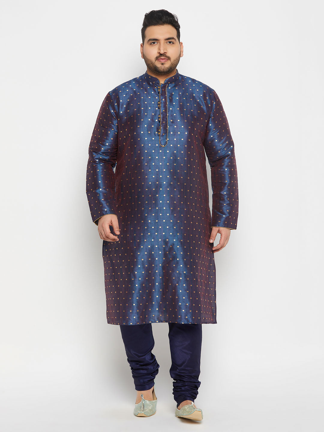Men's Plus Size Navy Blue Zari Weaved Kurta Pyjama Set