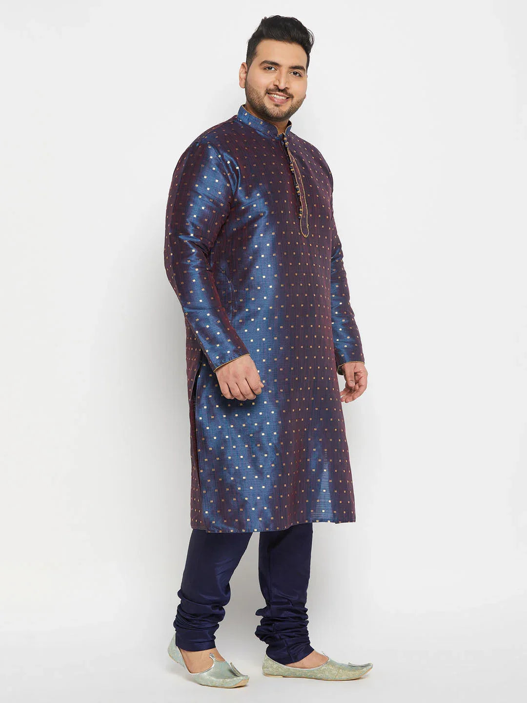 Men's Plus Size Navy Blue Zari Weaved Kurta Pyjama Set