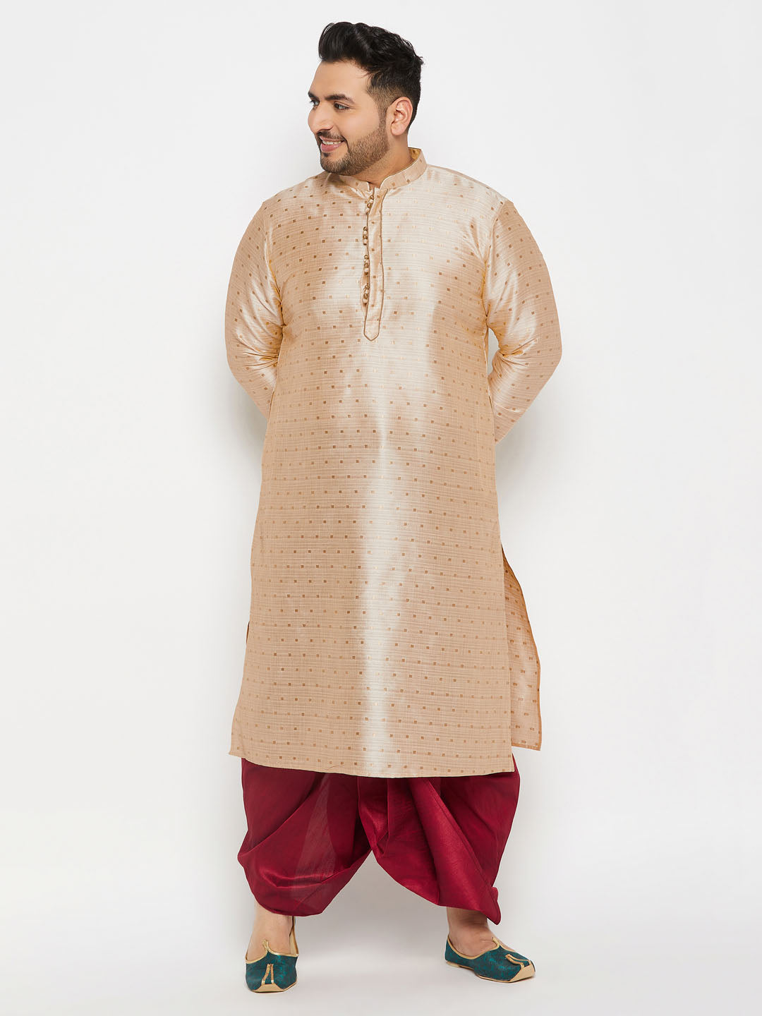 Men's Plus Size Gold Zari Weaved Kurta Dhoti Set