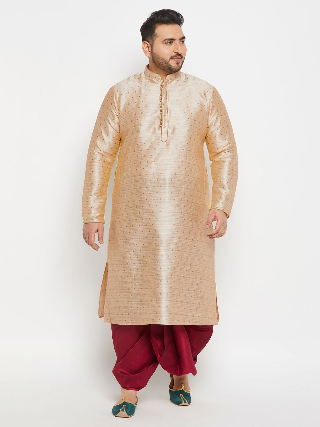 Men's Plus Size Gold Zari Weaved Kurta Dhoti Set