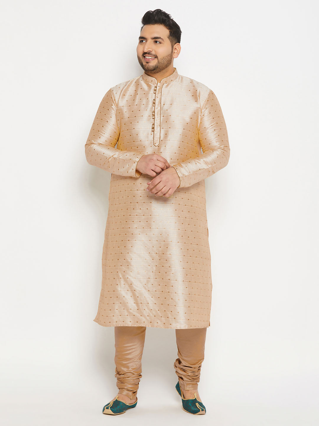 Men's Plus Size Gold Zari Weaved Kurta Pyjama Set
