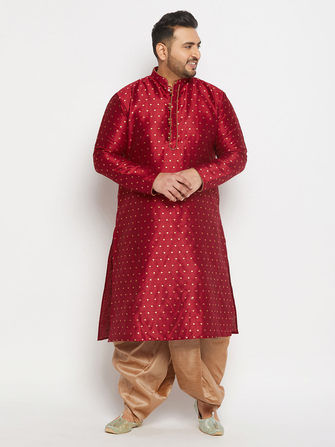 Men's Plus Size Maroon Zari Weaved Kurta Dhoti Set