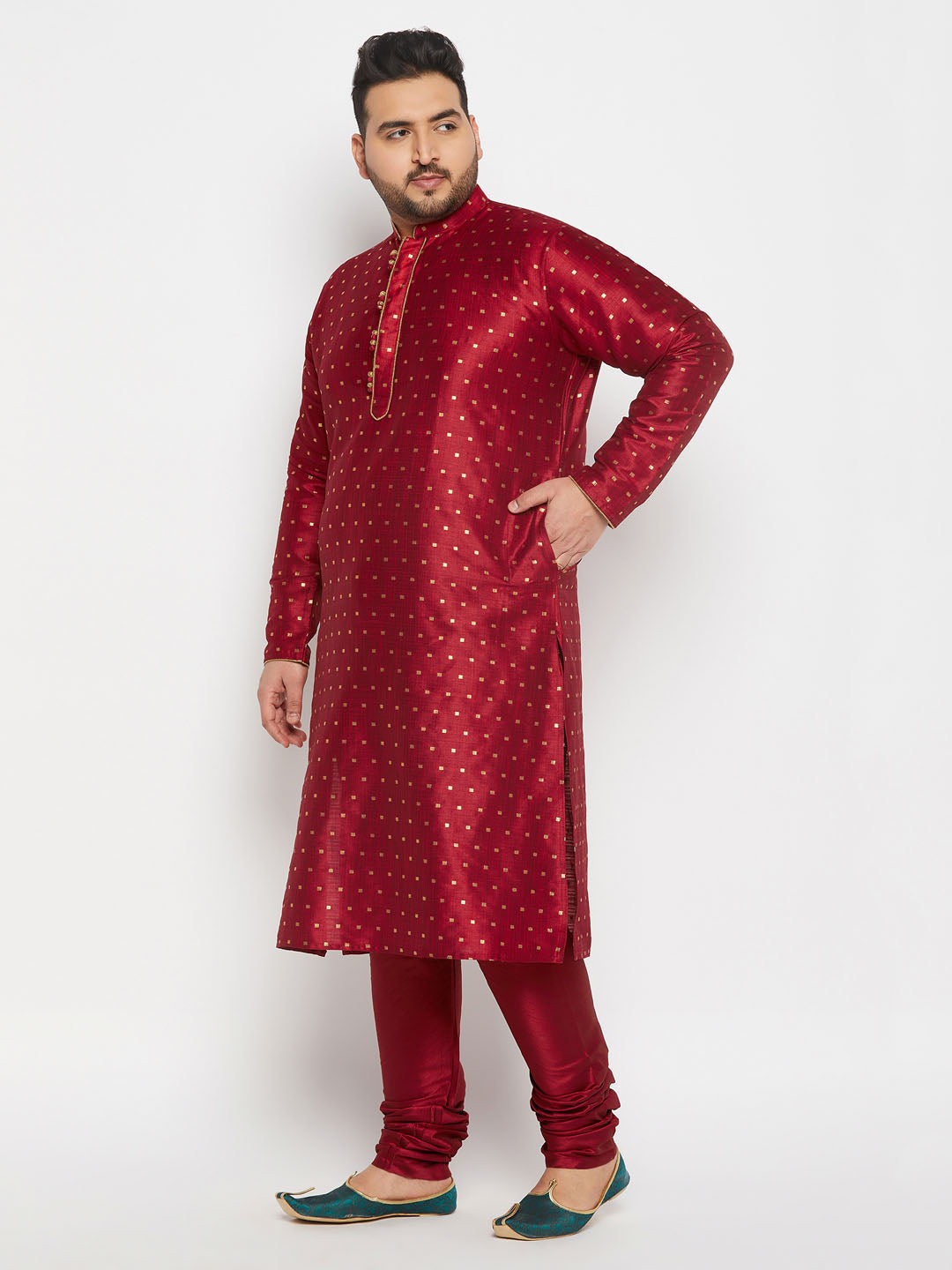 Men's Plus Size Maroon Zari Weaved Kurta Pyjama Set
