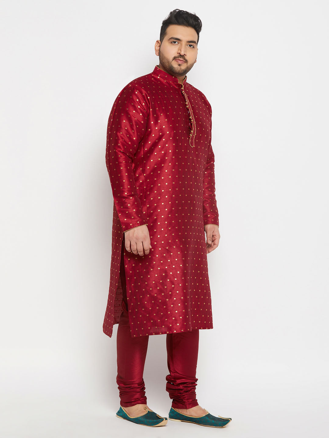 Men's Plus Size Maroon Zari Weaved Kurta Pyjama Set